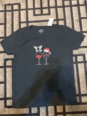 J. Crew Black Holiday Wine Glass Graphic Tee with Red Accents